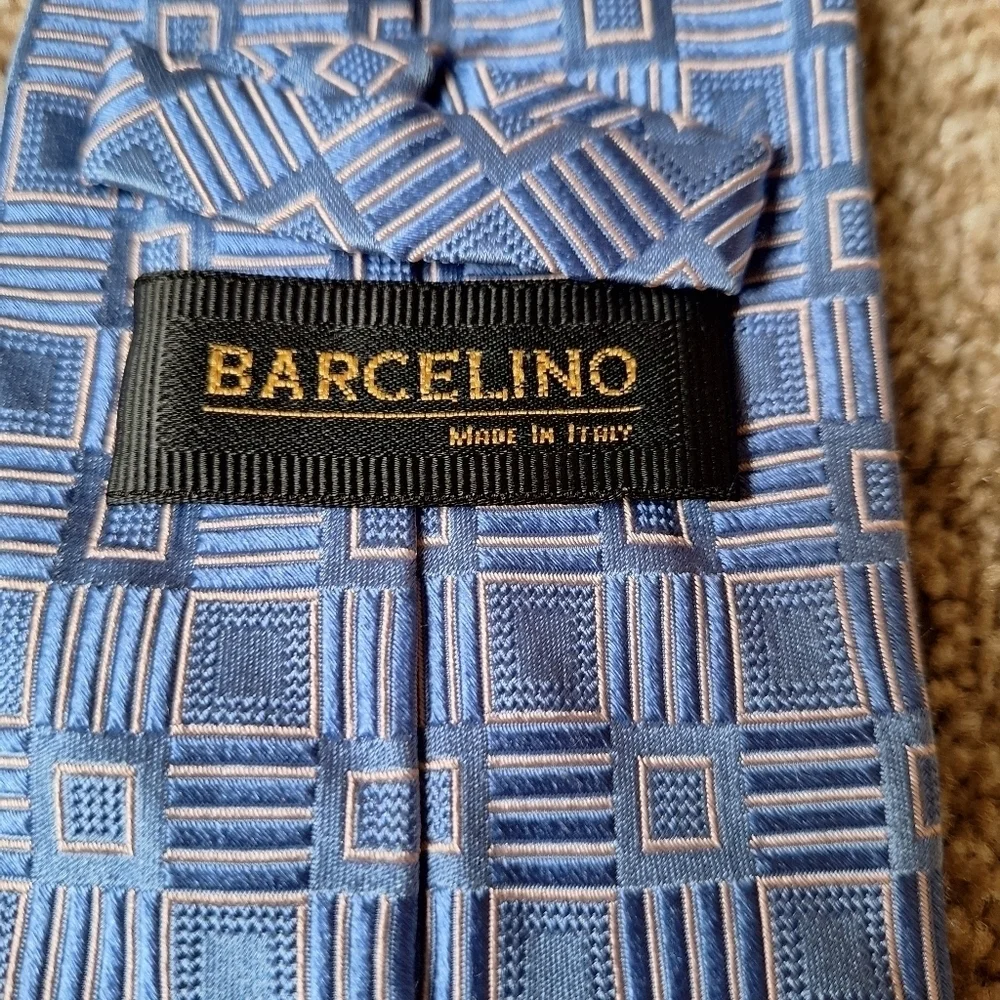 Barcelino Mens 100% Silk Tie Blue Geometric 4